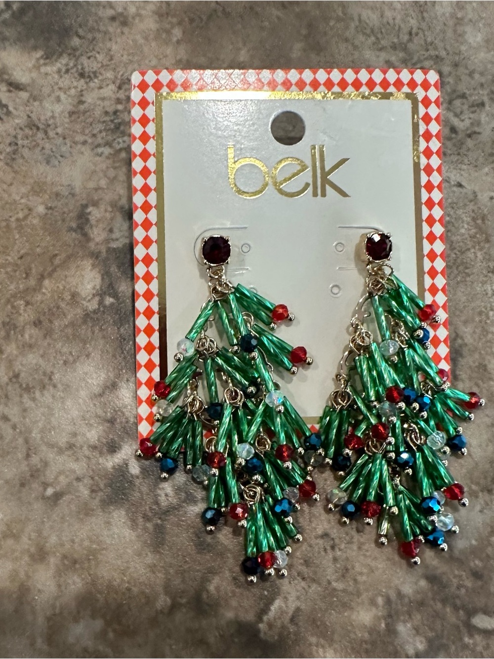 belk Green Beaded Festive Fringe Earrings with Red and Blue Accents